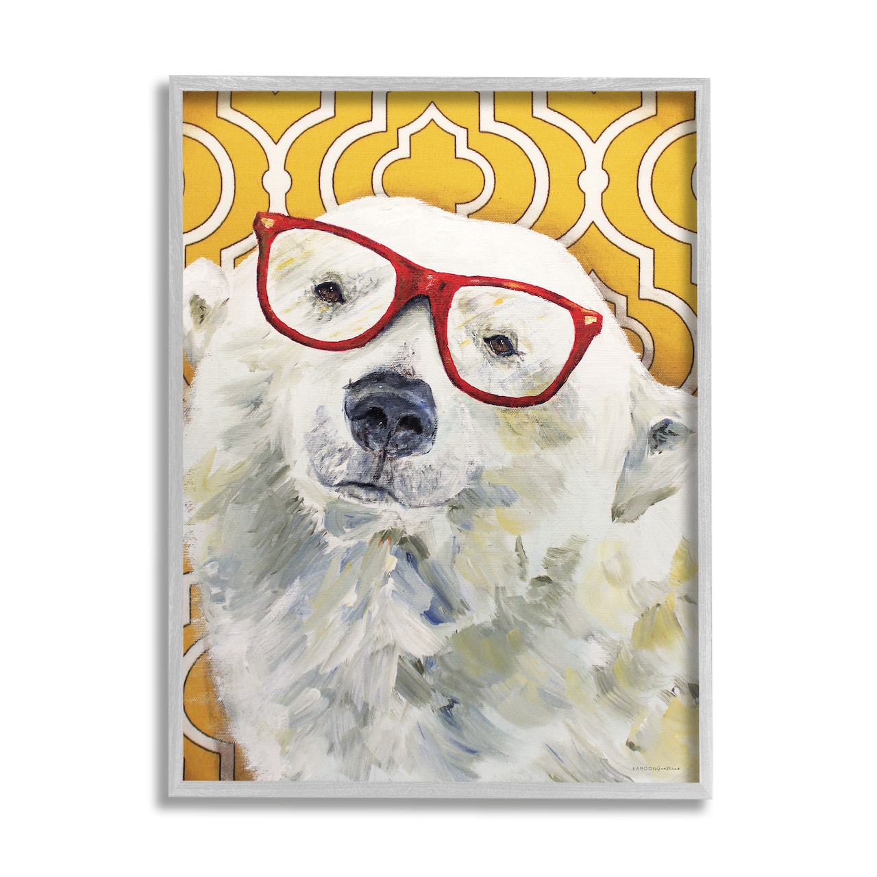 Stupell Industries Polar Bear Red Glasses Bold Yellow Geometric Pattern Framed Wall Art